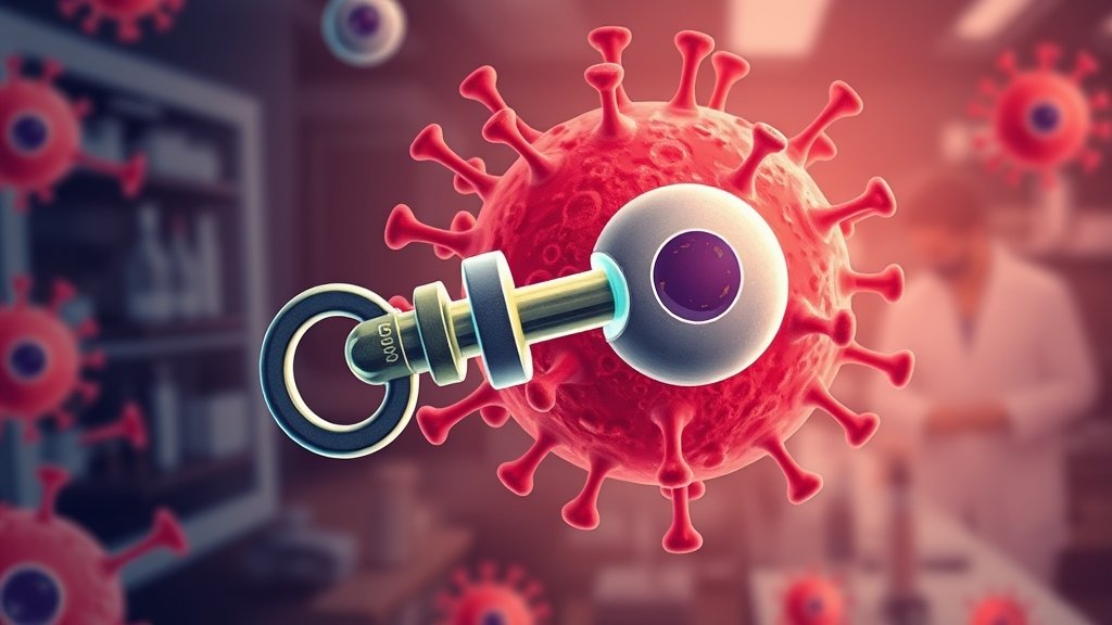 An illustration of a molecular key unlocking a cancer cell, with a background of scientists working in a laboratory, highlighting the precision and innovation of the new treatment approach.