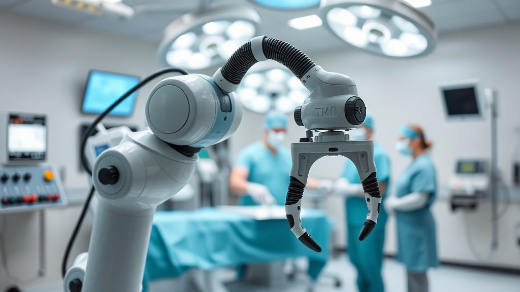 A photo of a robotic surgery system in a hospital operating room with a surgeon and nurses in the background