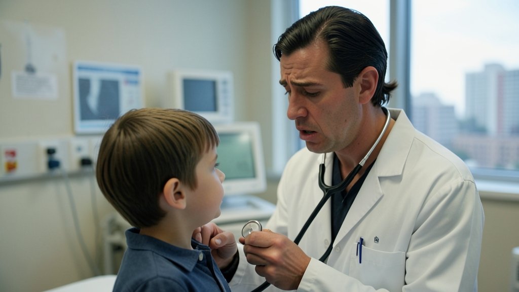 A doctor examining a child with a stethoscope, with a concerned expression, in a hospital setting, with a subtle background of medical equipment and a cityscape outside the window.