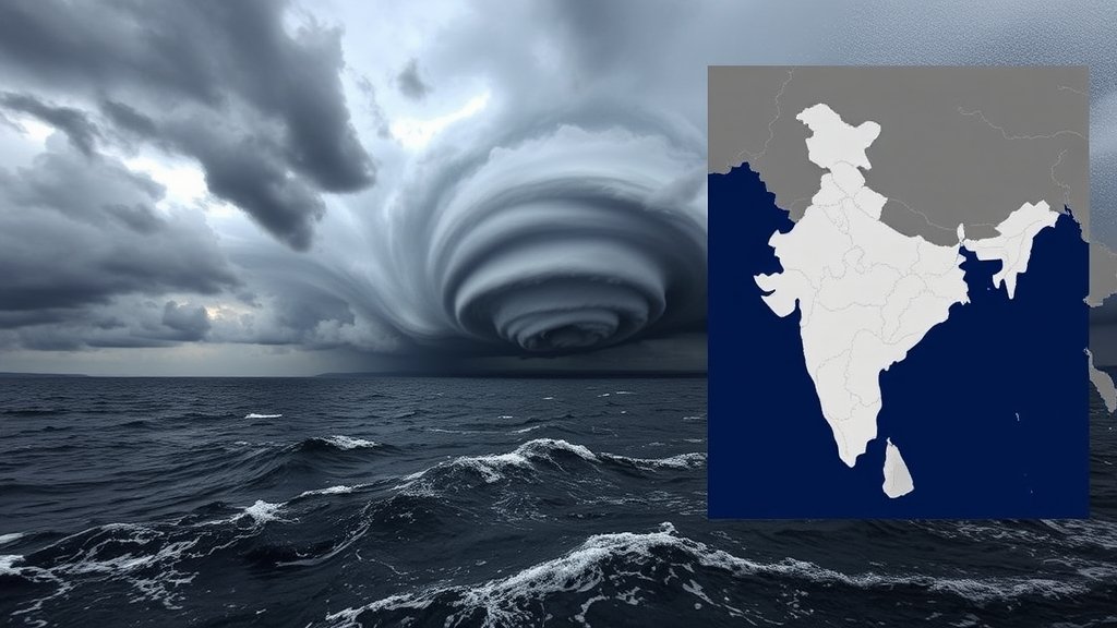 A dramatic image of a cyclonic storm over the Bay of Bengal, with dark clouds and strong winds, and a map of India in the background showing the affected areas.