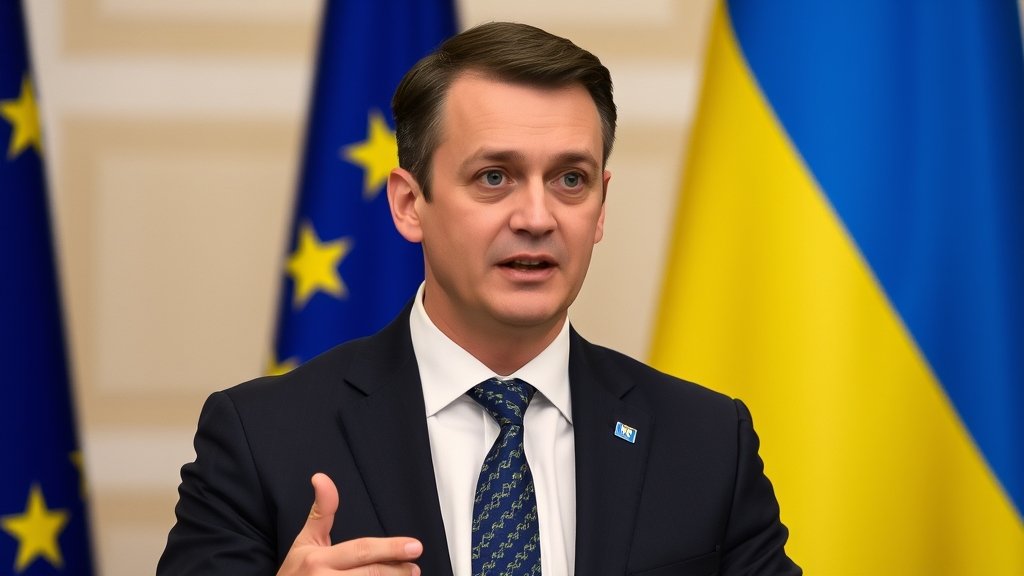 A photo of Ukrainian President Volodymyr Zelenskyy speaking at a press conference, with a background of Ukrainian and European Union flags
