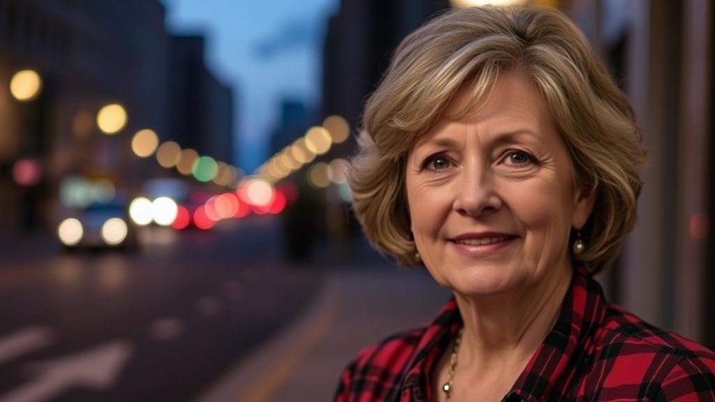 A photo of Nancy Guthrie with a subtle background of a city street at night, symbolizing the ongoing investigation and search for her.