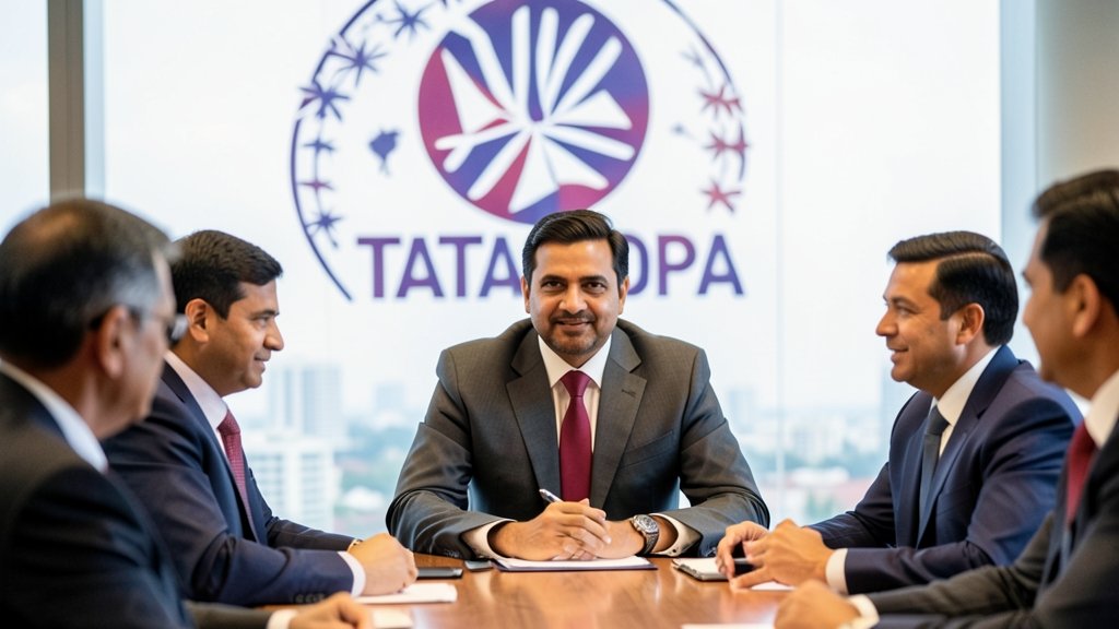 A photo of N Chandrasekaran, chairman of Tata Sons, in a meeting with other business leaders, with a subtle background of the Tata Group's logo and a cityscape.