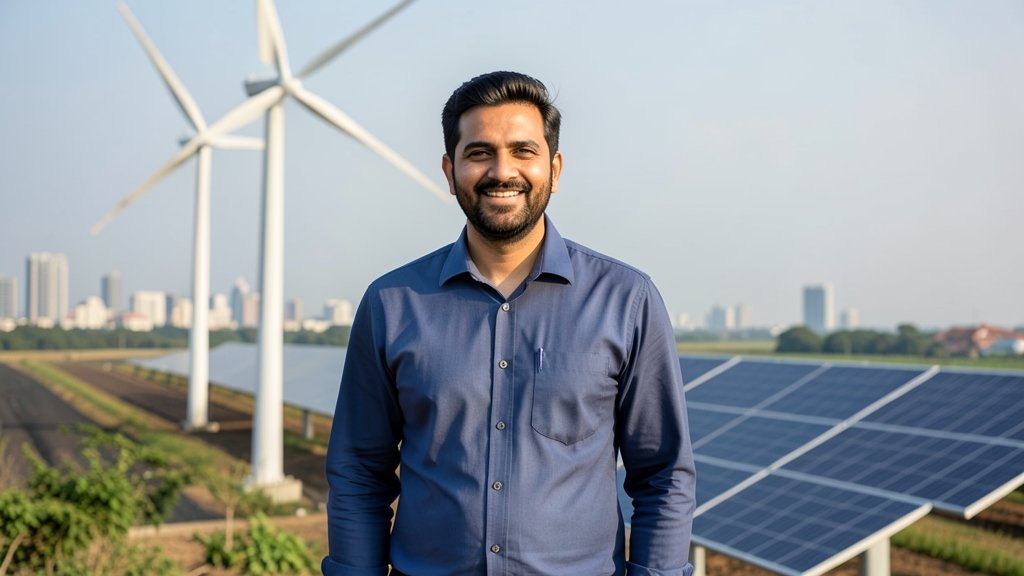A photo of Ajay Kapur, the new Group CEO of Suzlon Energy, standing in front of a wind turbine or a solar panel, with a subtle background of a cityscape or a natural landscape, conveying a sense of innovation and sustainability.