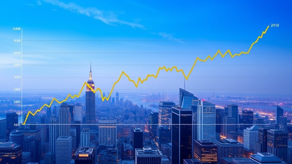 A graph showing the fluctuation of Bitcoin prices over the past year, with a cityscape in the background to represent the global impact of cryptocurrency.