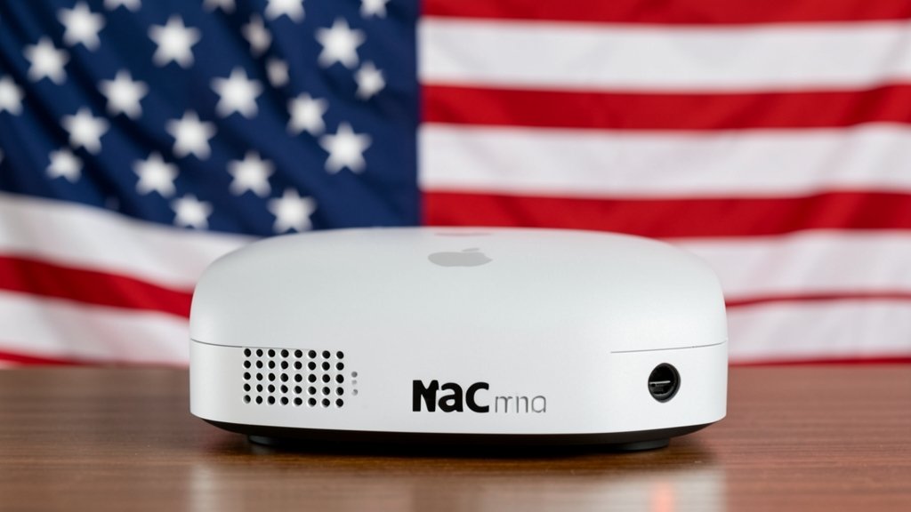 A photo of an Apple Mac mini computer with an American flag in the background, symbolizing the company's shift to US-based manufacturing