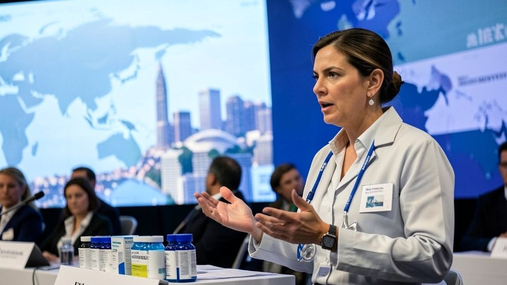 A photo of a healthcare professional discussing pharmaceuticals at a conference, with a cityscape or global map in the background to represent the global aspect of the conference.