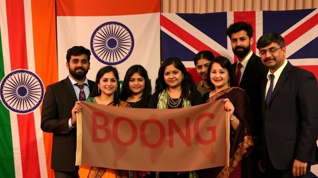 A photo of the 'Boong' film team holding their BAFTA award, with a backdrop of Indian and British flags, symbolizing the international recognition of Indian cinema.