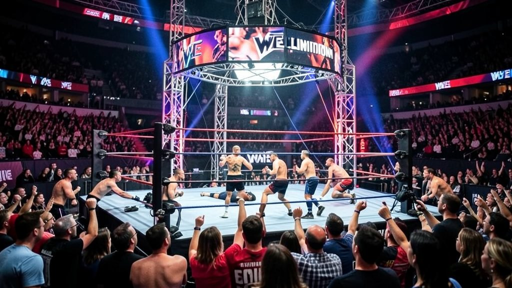 A high-energy image of a WWE wrestling ring with the Elimination Chamber structure in the background, surrounded by excited fans and wrestlers preparing for the big event.