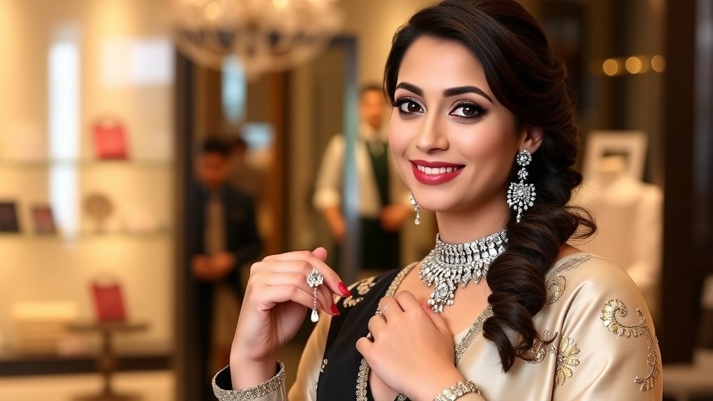 A professional photo of Tamannaah Bhatia wearing a elegant outfit and holding a piece of her fine jewellery line, with a subtle background of Bollywood film sets or a luxurious store.