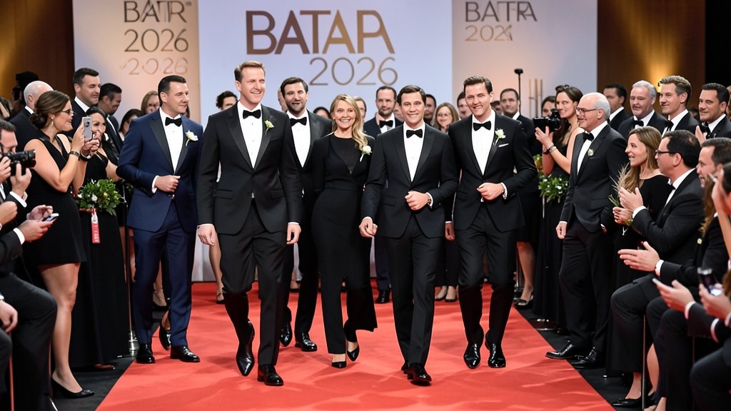 A photo of the BAFTA 2026 award ceremony with celebrities walking the red carpet, with a focus on the winners and their reactions.