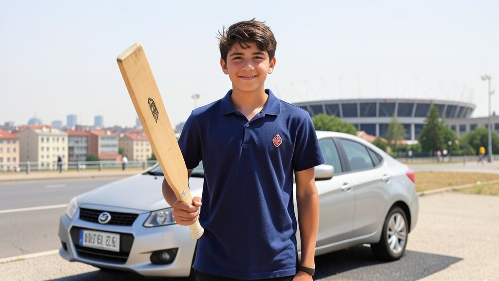 A 14-year-old boy standing with a cricket bat and a car in the background, with a cityscape and a stadium visible in the distance.