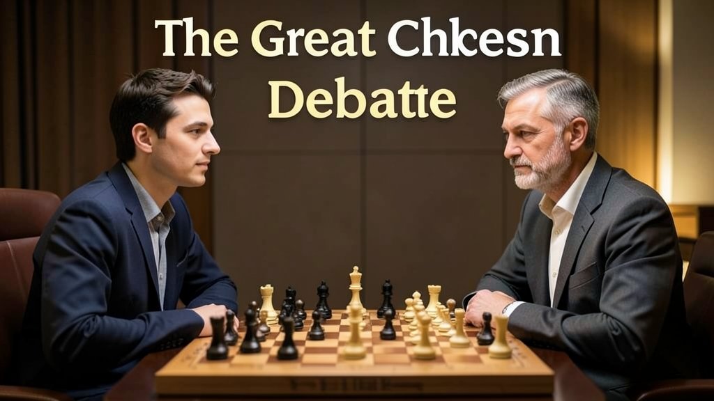 A photo of D Gukesh and Vladimir Kramnik sitting at a chessboard, with a caption that reads "The Great Chess Debate"