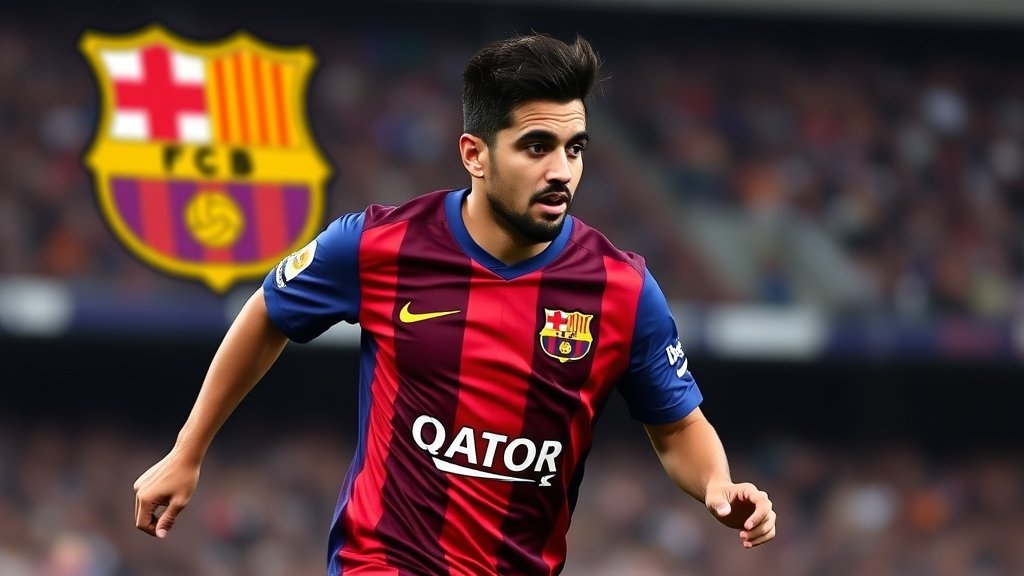A photo of Omar Marmoush in action on the football field, with a Barcelona jersey photoshopped on him, and a subtle background hinting at the Camp Nou stadium.