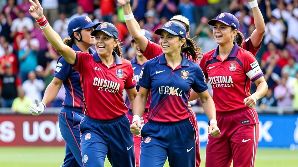 A photo of the Indian women's cricket team in action during a match against Australia, with a focus on the players' emotions and the crowd's enthusiasm