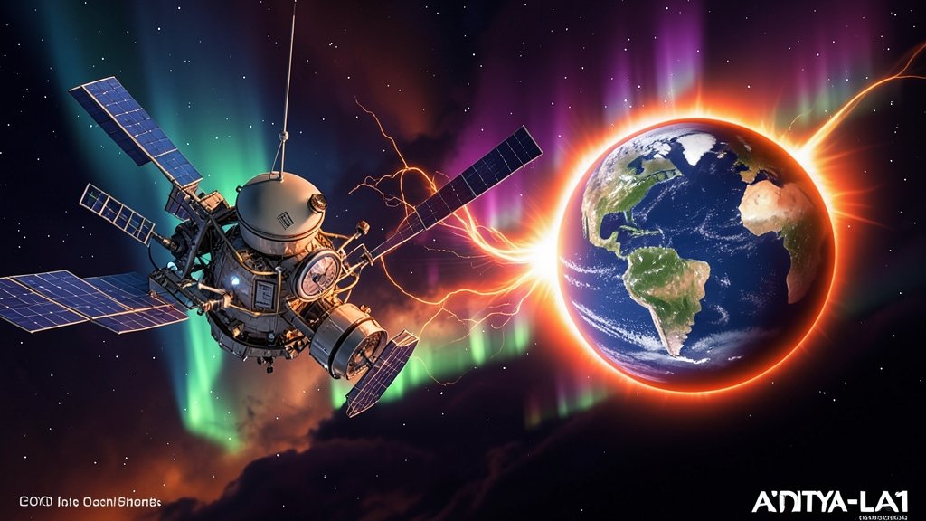 An illustration of the Aditya-L1 spacecraft observing the Sun and the Earth's magnetic field during a solar storm, with a glowing aurora in the background.