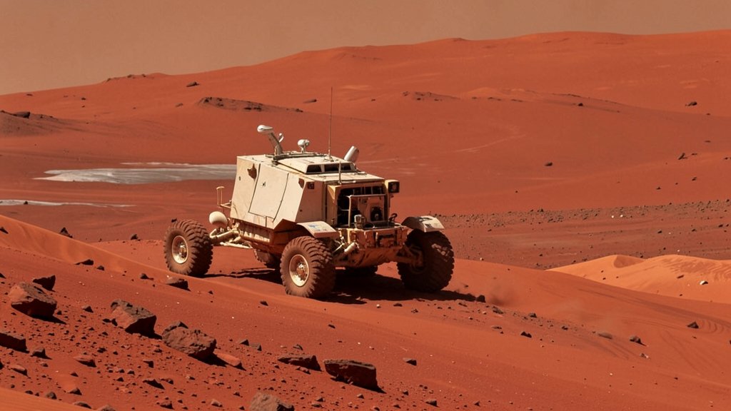 A detailed image of the Mars Curiosity Rover exploring the Martian terrain with a backdrop of the planet's rust-red landscape, with a few rocks and sand dunes in the foreground, and a subtle hint of water or ice in the distance.