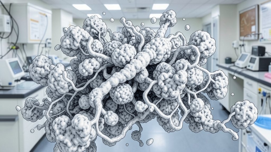 A detailed illustration of amyloid proteins and their impact on human cells, with a subtle background image of a laboratory or medical research facility