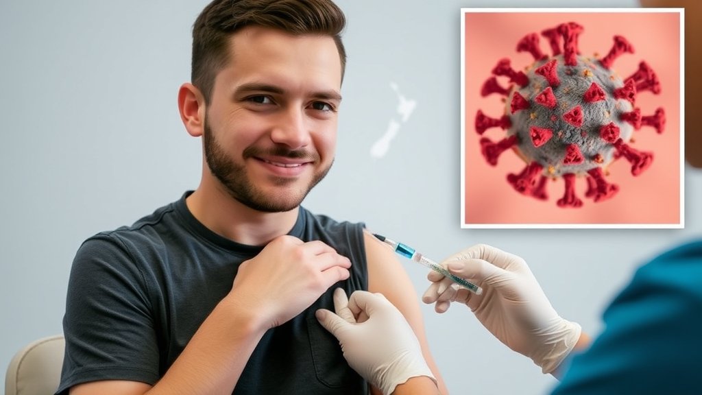 A photo of a person getting vaccinated, with a map of New Zealand in the background and a measles virus illustration in the corner.
