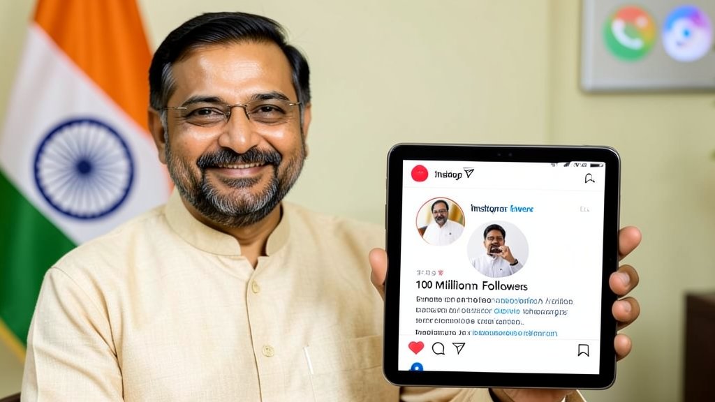 A photo of PM Modi holding a tablet with his Instagram profile open, showing his 100 million followers milestone, with a subtle Indian flag and social media icons in the background.