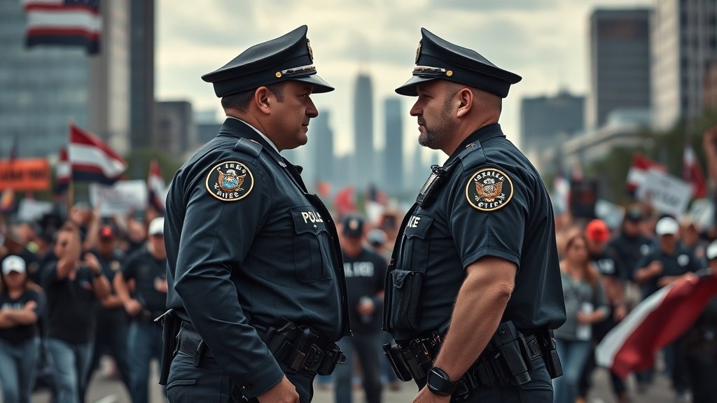 A dramatic scene of police officers from two different states standing facing each other, with a background of protesters and a cityscape, highlighting the tension and conflict between the two police forces.