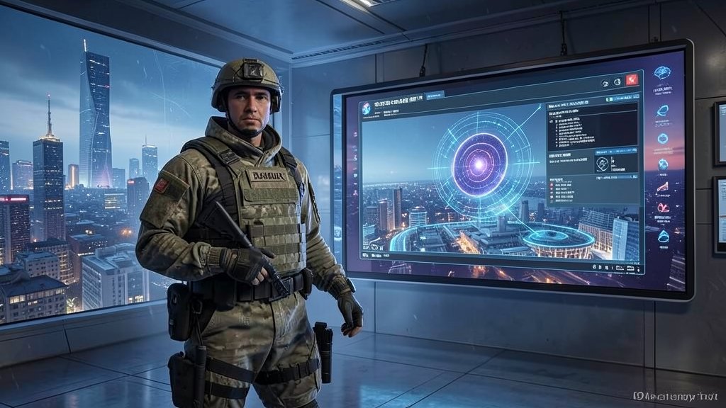 A futuristic image of a military commander standing in front of a large screen displaying an AI system, with a cityscape in the background, symbolizing the intersection of AI and military strategy.