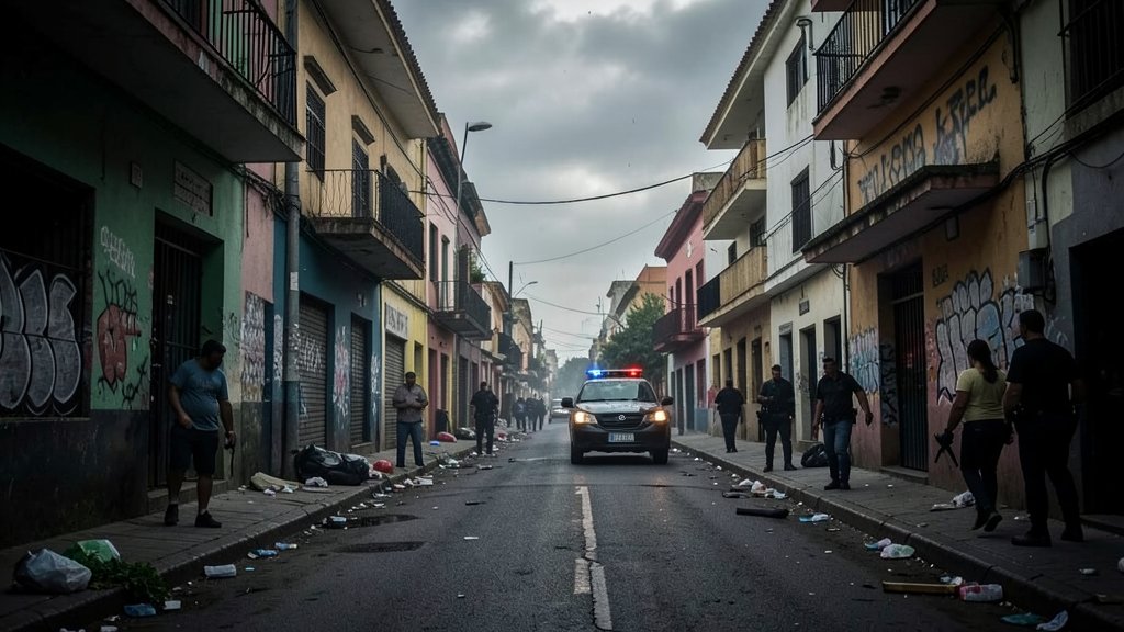A dramatic image of a Mexican city street with a subtle hint of cartel presence, such as a graffiti or a patrol car in the background, conveying the complexity and danger of the situation.