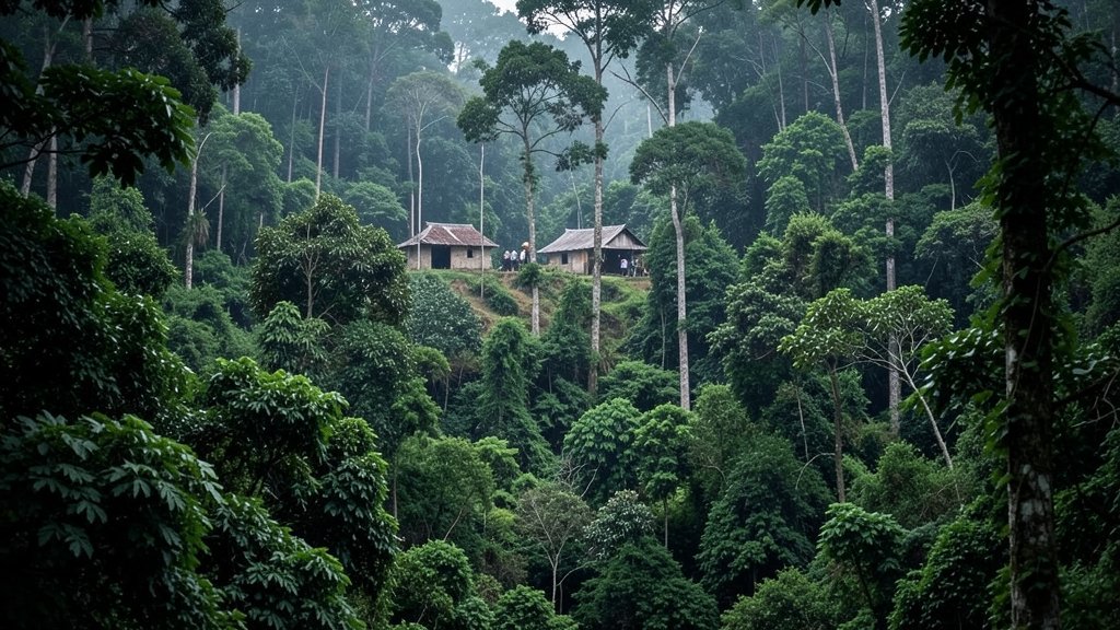 A photograph of a dense forest with a subtle hint of a Maoist camp in the background, symbolizing the rise and fall of the movement