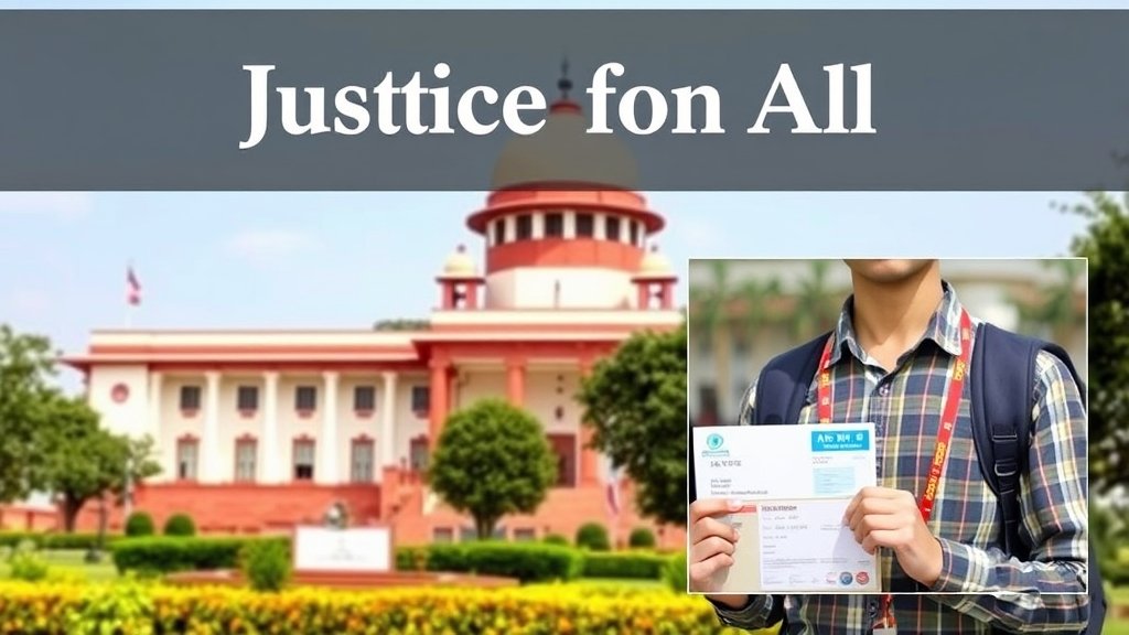 A photo of the Supreme Court of India with a caption "Justice for All" in the background, and a smaller image of a student holding an admit card and pass certificate in the foreground.