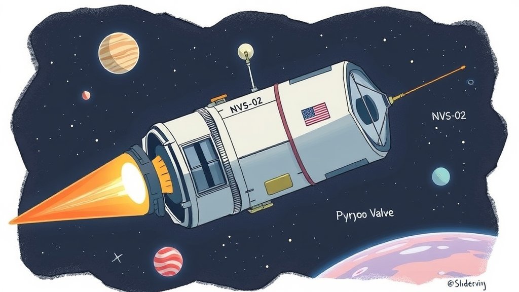 An illustration of the NVS-02 satellite in space, with a malfunctioning pyro valve and a loose connection, surrounded by stars and planets