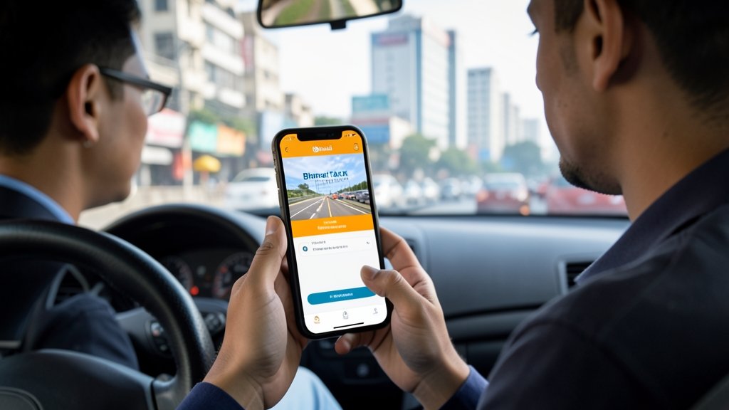 A photo of a taxi driver holding a smartphone with the Bharat Taxi app open, with a cityscape in the background.