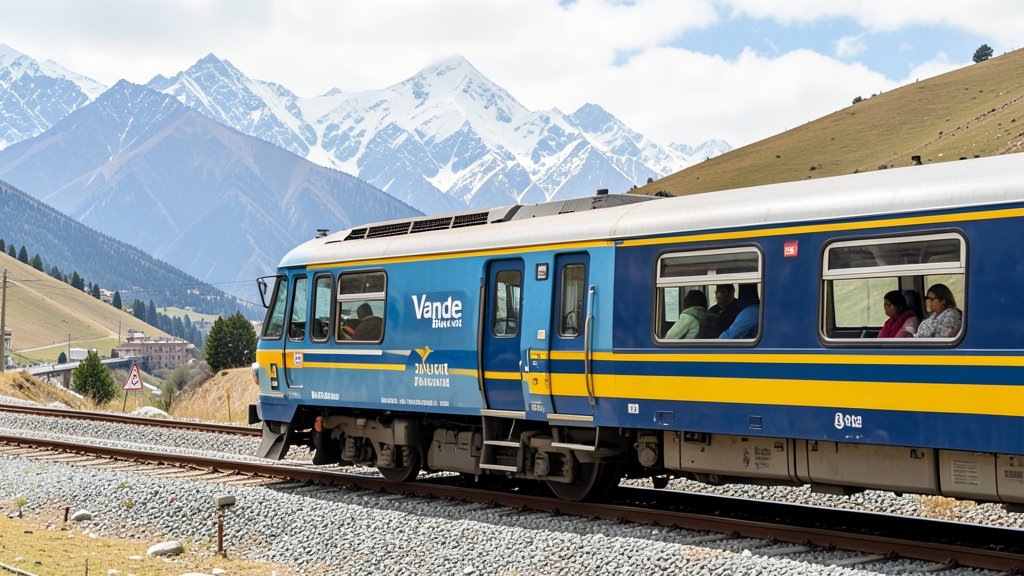 A high-quality image of the Vande Bharat train passing through the scenic landscapes of Jammu and Kashmir, with a subtle background of the Himalayan mountains and a few passengers visible through the train's windows.