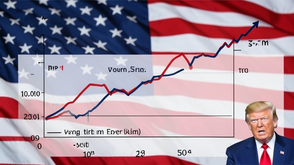 A graph showing the impact of tariffs on the US economy, with a background image of the American flag and a subtle image of Donald Trump in the corner.