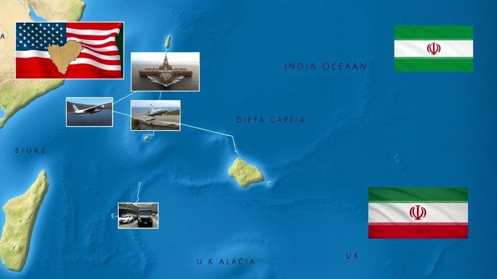 A map of the Indian Ocean with Diego Garcia island marked, along with images of US and UK military bases in the background, and a subtle hint of Iranian flags or symbols to represent the conflict.