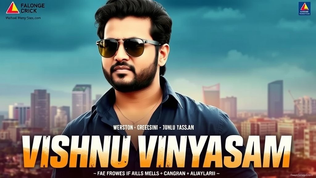 A movie poster featuring Vishnu Vinyasam with a cityscape background and bold font titles