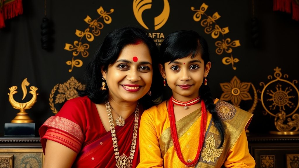 A photo of the director Lakshmipriya Devi and the young star of the film Boong, with the BAFTA award in the background, surrounded by traditional Manipuri attire and symbols.