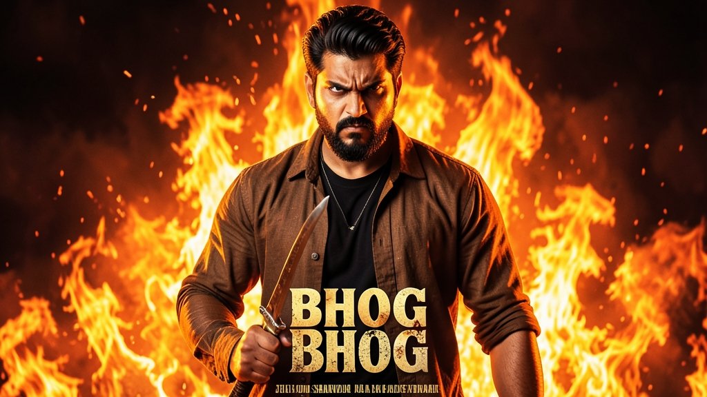 A fierce-looking Sharwanand standing with a weapon in hand, with a fiery background and a determined expression on his face, for the movie Bhogi.