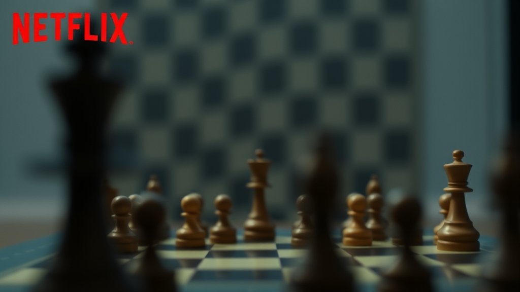 A screenshot of the Netflix documentary "Untold: Chess Mates" with a chessboard in the background and a faint image of Magnus Carlsen and Hans Niemann in the foreground.