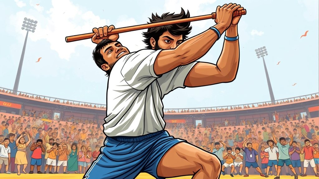 A detailed illustration of a kabaddi player in action, with a stadium background and a crowd cheering, highlighting the intensity and excitement of the game.