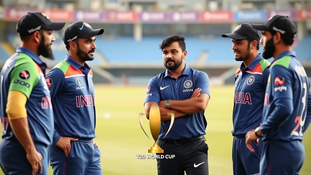 A photo of the Indian cricket team in discussion with their coach, with a subtle background of a cricket stadium and a hint of the T20 World Cup trophy.
