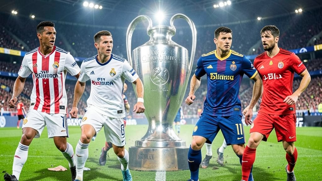 A collage of Real Madrid and Benfica players in action during a Champions League match, with a subtle background of the stadium and the Champions League trophy