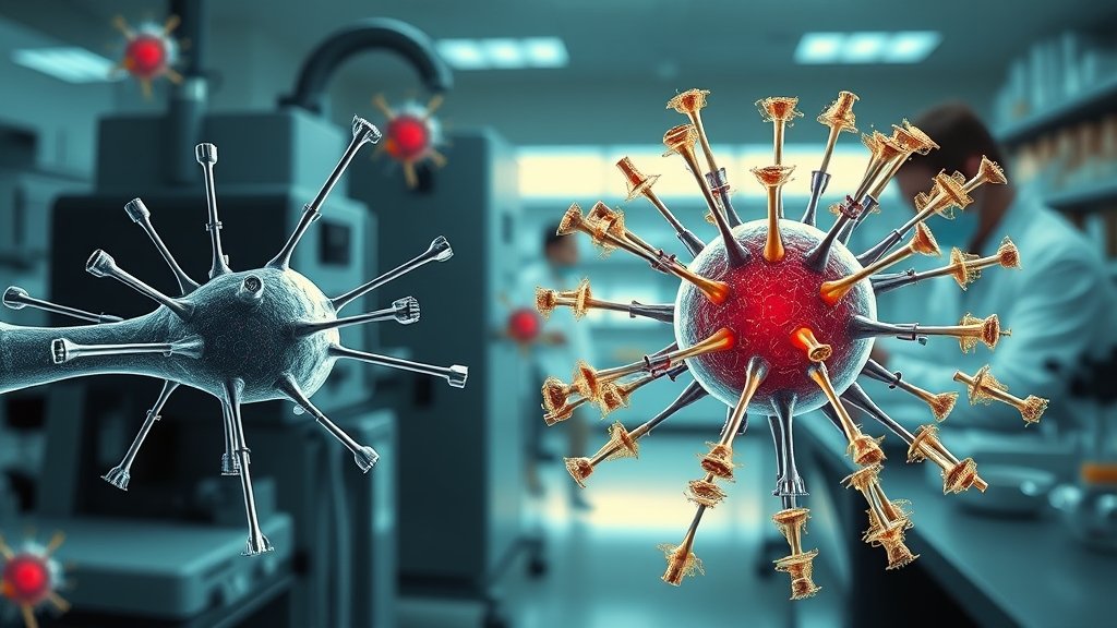 A detailed illustration of nano-brushes targeting tumor cells, with a background of scientific equipment and researchers in a lab