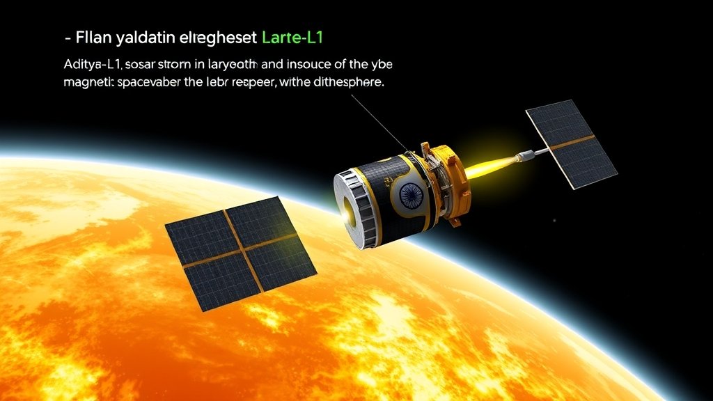 An illustration of the Aditya-L1 spacecraft observing solar storms and their impact on the Earth's magnetic field, with a subtle background of the Indian flag and a hint of the Earth's ionosphere.