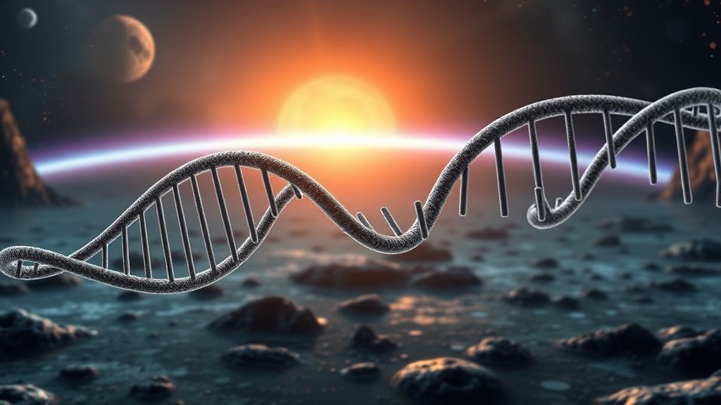 An illustration of a single-stranded RNA molecule replicating itself, with a backdrop of a primordial soup or a ancient Earth landscape