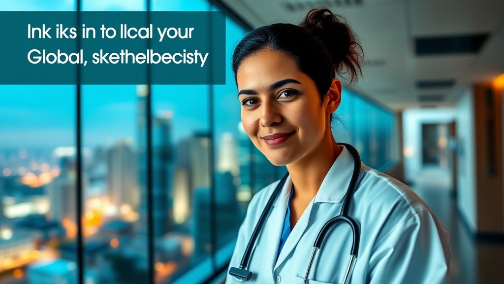 A photo of a healthcare professional in a hospital setting, with a cityscape in the background, symbolizing global healthcare leadership.