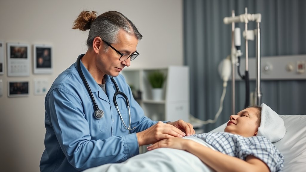 A healthcare professional taking care of a patient undergoing haemodialysis, with a subtle background hint of brain and body connection.
