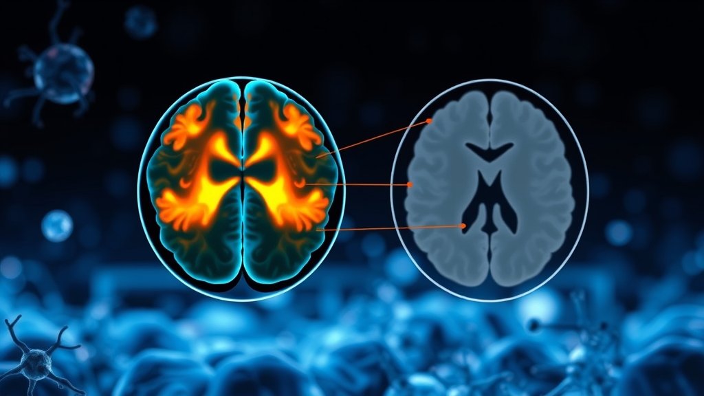 A detailed illustration of a brain scan using PET and MRI technology to detect dementia, with a subtle background of brain cells and neurons.