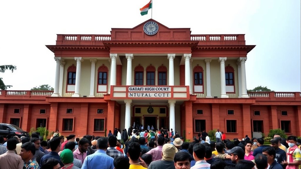 A photo of the Gauhati High Court building with a crowd of people in the foreground, symbolizing the public's interest in the court's decision on hate speech.