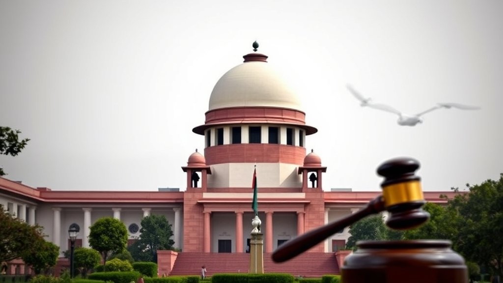 A photo of the Supreme Court of India with a faint image of a gavel and a book in the background, symbolizing the pursuit of justice and the importance of judicial reforms.