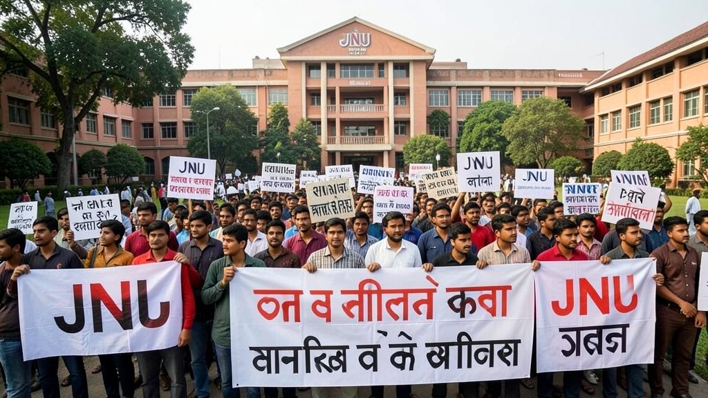 A photo of JNU students protesting with placards and banners, with a backdrop of the university campus, conveying a sense of dissent and activism.